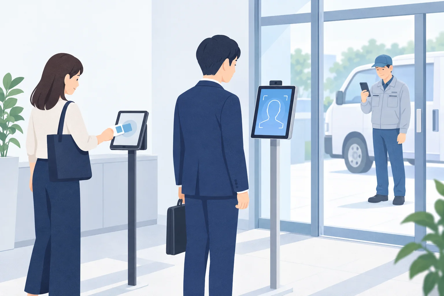 朝の事務所の入口で、女性がスタンドのタブレットにICカードをかざし、男性が顔認証の画面の前に立っている。ガラスの扉の外では、作業着の人がワゴン車の横でスマホを見ている