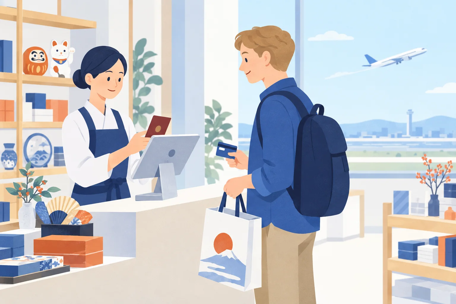 免税店のレジで、店員がタブレットのPOSレジの横で旅行者のパスポートを手に取り、旅行者はクレジットカードと買い物袋を持っている。窓の外では飛行機が離陸している