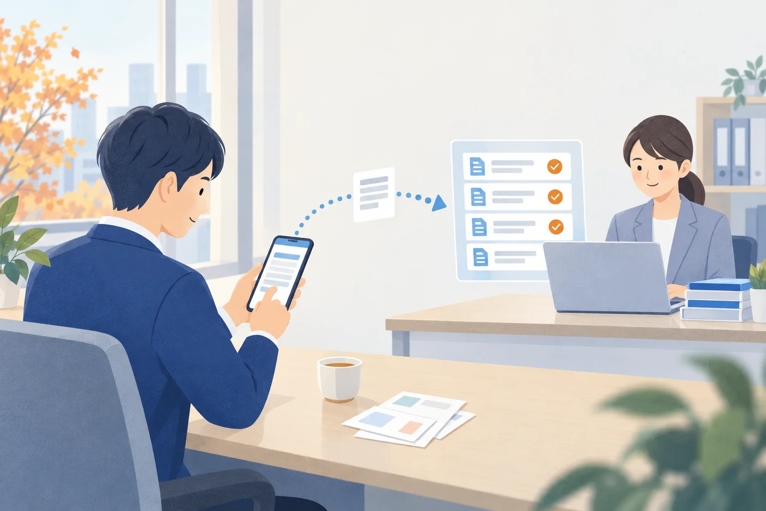 従業員がスマートフォンで年末調整の申告書を入力し、担当者がノートパソコンで届いた申告を確認している職場の様子